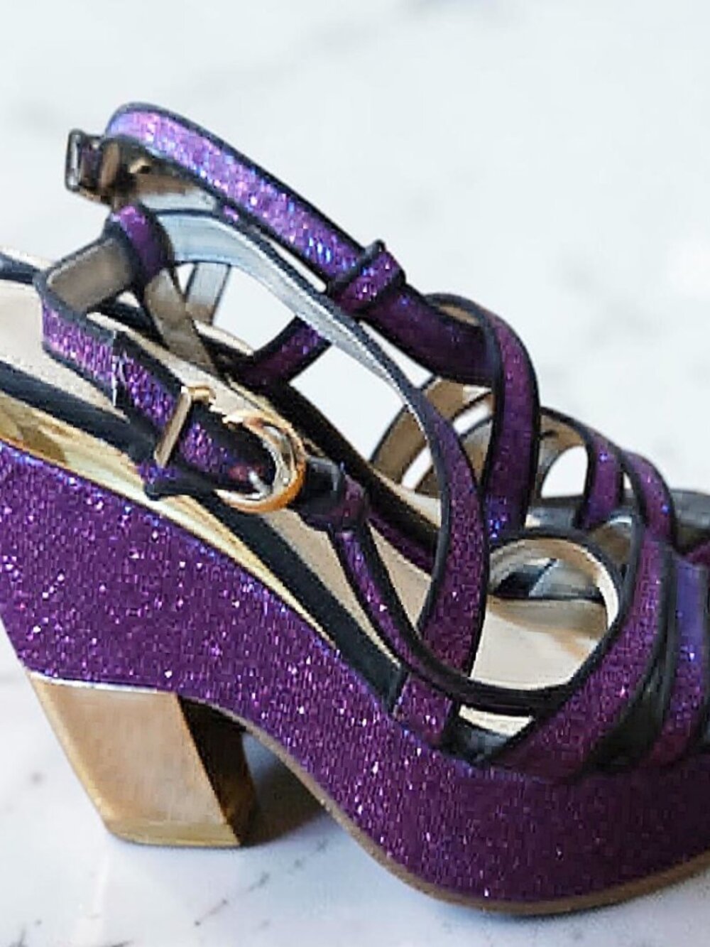 Gold & Purple Sparkly Chunky Strappy High Heels - Italina by Summer Rio